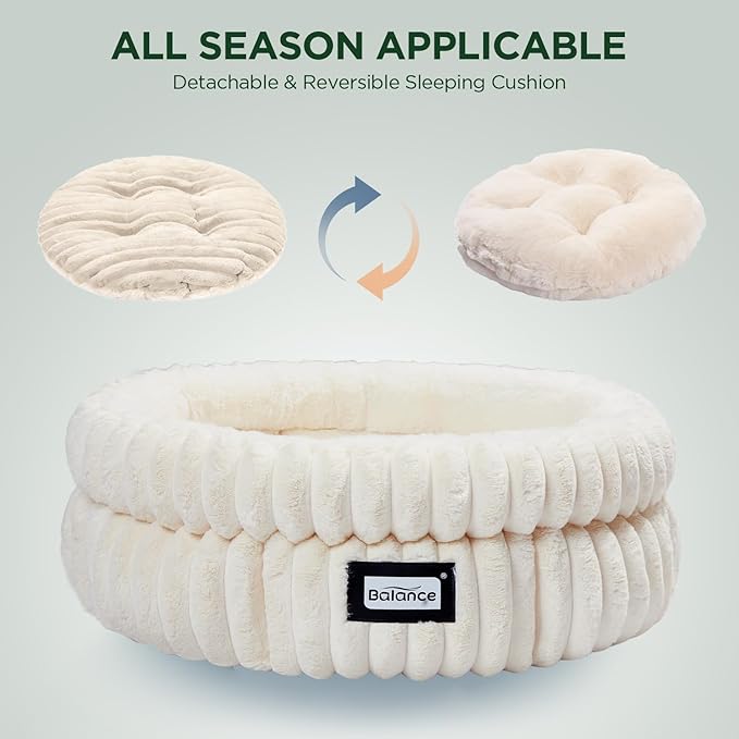 BALANCE Cat Bed Kitten Bed, Washable Round Cat Beds for Indoor Cats,Super Soft Plush Faux Fur Pet Bed for Puppy and Kitten with Anti-Slip Bottom