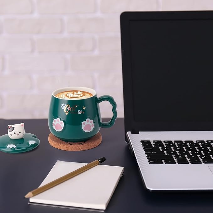 Bgbg Cat Mug Cute Ceramic Coffee Cup with Lovely Kitty Lid, Kawaii Cat Claw Spoon, Anime Cat Coaster, Novelty Cat Things Birthday Christmas Mug Gift for Cat Lovers 400ML