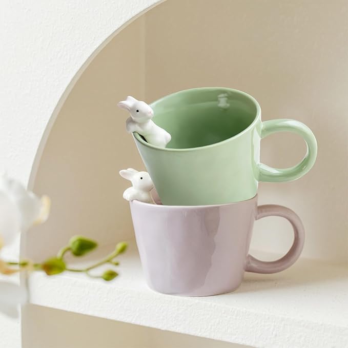 BigNoseDeer Cute Easter Bunny Mugs with 3D Rabbit Inside Ceramic Bunny Coffee Mug with Spoon Cute Gifts Easter Gifts for Women Kids 12oz (Purple)