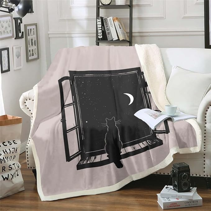 Pet Cats Sherpa Blanket Cute Animals Fleece Throw Blanket for Sofa Couch Bed Cat Sitting On The Window Plush Blanket Moon Star Black White Fuzzy Blanket Grey Bedroom Decor Twin 60"x80"