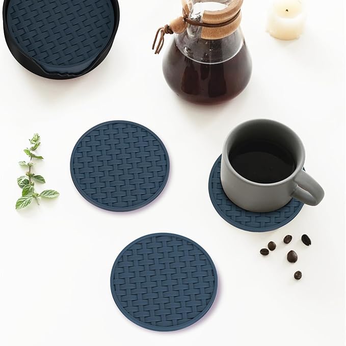 Blue Silicone Coasters Set of 6 with Holder, 4 Inches Non-Slip Decorative Coasters for Home, Kitchen, Office Heat Resistant & Waterproof Cup Mat for Drinks, Bar, Coffee