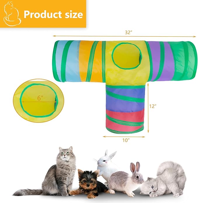 Cat Tunnel, Collapsible Tube with 1 Play Ball Kitty Toys, 3 Ways Cat Tunnels for Indoor Cats, Puppy, Kitty, Kitten, Rabbit (Rainbow)