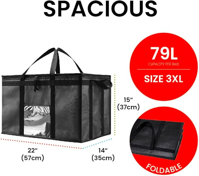 3XL Insulated Cooler Bag and Food Warmer for Delivery & Grocery Shopping with Zippered Top, Black (1 Pack)