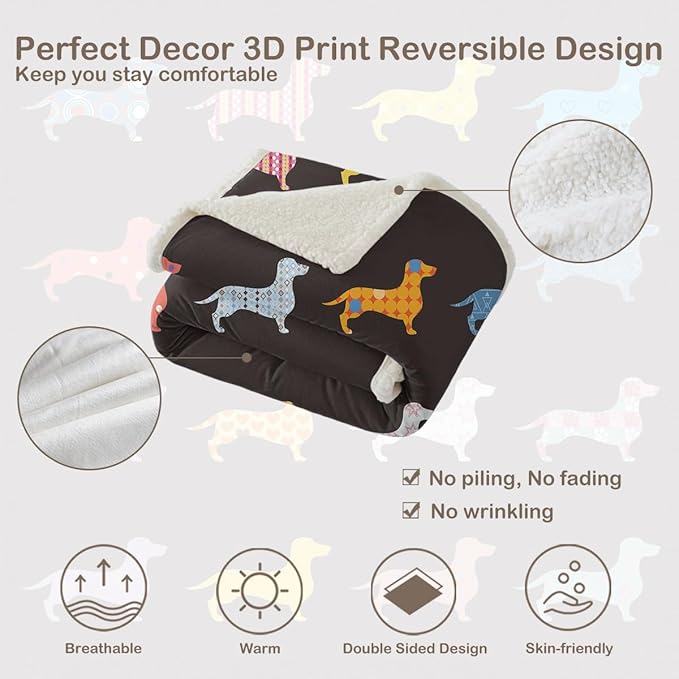 Sleepwish Colorful Dachshund Fleece Throw Blanket for Couch Chair Fuzzy Black Cartoon Puppy Sherpa Blanket Gifts for Women Kids, Baby(30"x 40")