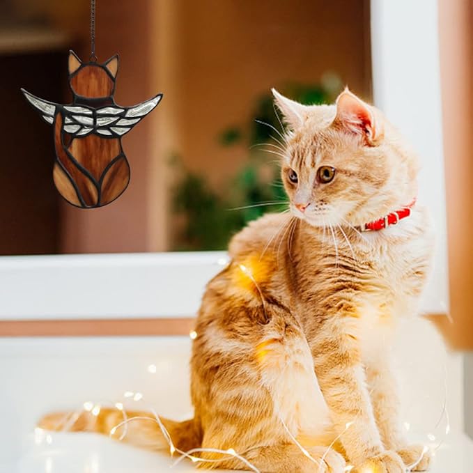 BOXCASA Angel Cat Memorial Gift Stained Glass,Angel Wings Cat Stained Glass Window Hanging,Cat Sympathy Gifts for Cat Lovers,Loss of Cat Sympathy Gift,Pet Memorial Gifts Cat Gift for Women