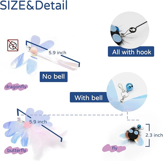 Cat Toy, Shiny Insect Refills for Cat Wand Toy, 9PCS Replacements with Bells for Cat Fishing Pole Toy, Interactive Cat Toy Lightweight, Chase and Exercise (Insects + Ball Set)