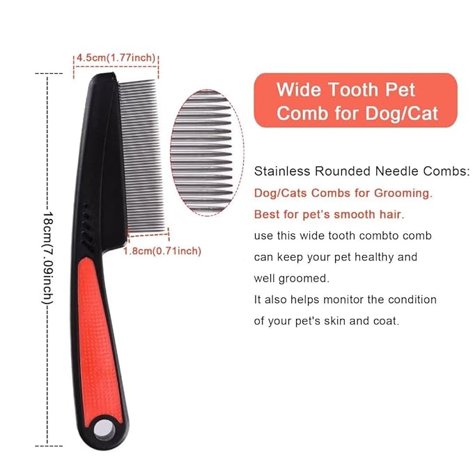 2 Pieces Fine Tooth and Wide Tooth Dog Grooming Comb - Rubber Handle Hair Comb for Small Dogs & Cats with Flea and Tick Removal (2PCS, Black Red)