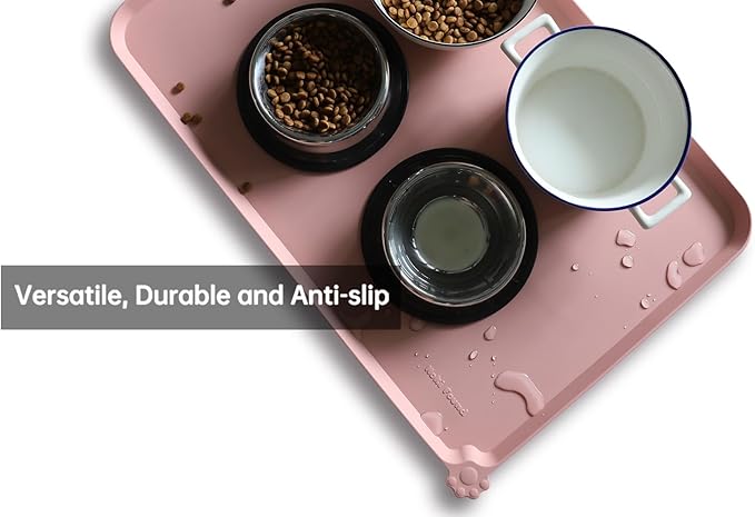 Hoki Found Large Silicone Pet Food Mats Tray - Non Slip Pet Dog Cat Bowl Mats Placemat - Dog Pet Cat Feeding Mat - Waterproof Dog Cat Food Mats -Pet Water Mats for Floors - Neutral Pink
