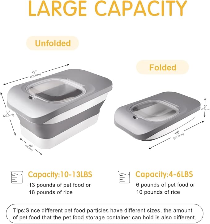 10-13 Lbs Cat Food Container,Collapsible Cat Food Storage with Airtight Lid,Silicone Pet Bowl and Cat Food Scoop，Pet Food Storage containers Dry Food for Pets, Rice (Grey 13lbs 02)