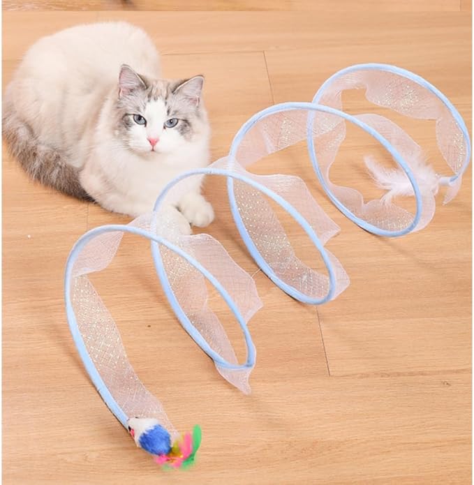Collapsible Cat Tunnel, Funny Cat Tunnels for Indoor Cats, Foldable Cat Play Tunnel, Interactive Toy Maze Cat Toy with Play Ring for Cats, Puppy, Kitty, Rabbit (Blue)