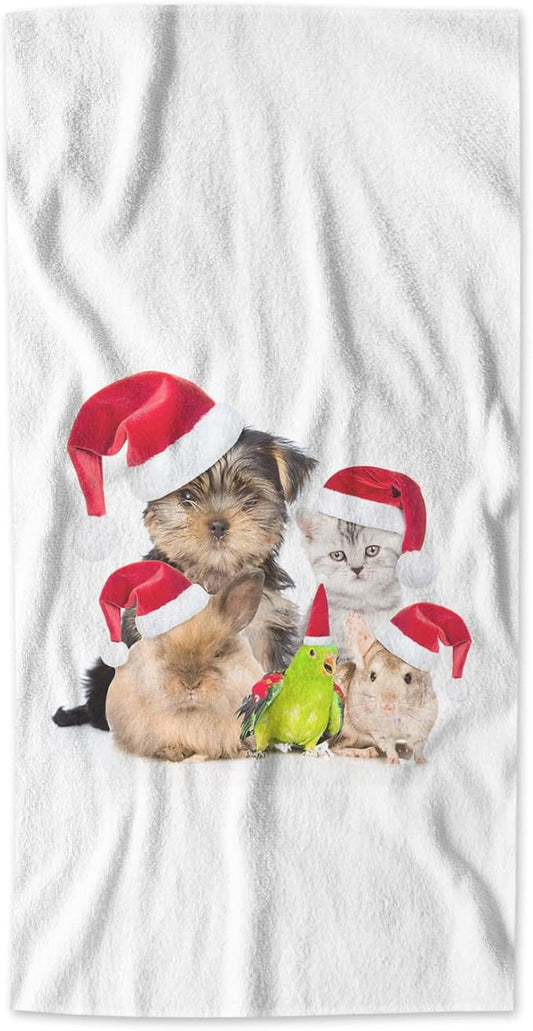 AOYEGO Dogs Cats Bathroom Towels Rabbits Bird in Christmas Red Hats Animal Family Soft Bath Hand Towels Microfiber Kitchen Hotel Spa Hand Towels 15x30 Inch