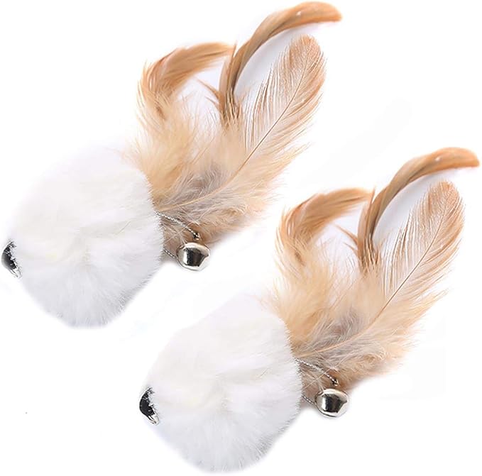 2 Pcs Cat Toys Interactive Refill Replacement Feather Pack Furry Tail Butterfly Dragonfly Fish Mouse Caterpillar Worm Birds Feathers for Kitten Cats, 21 Variety Styles CT15B-Rabbit White