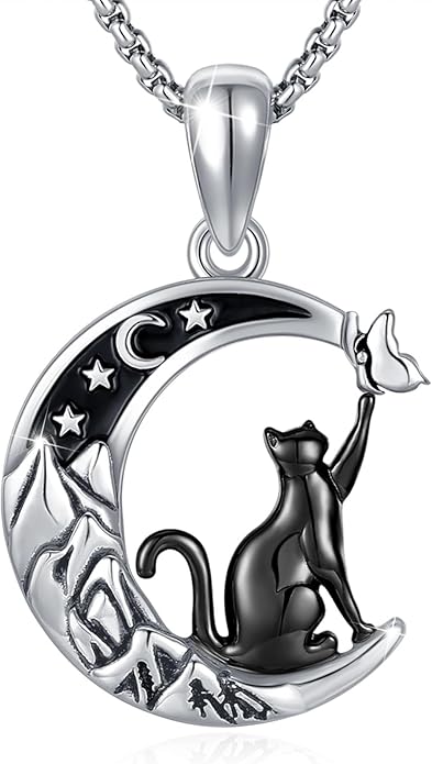 AUDINCCED Black Cat Necklace Turtle Necklace Gothic Jewelry Butterfly Necklace Cat Necklace 925 Sterling Silver Crescent Moon Necklace for Women Cat Gifts for Cat Lovers