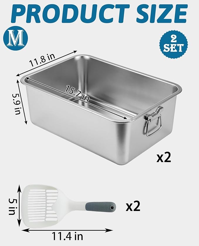 BNOSDM 2 Pack Stainless Steel Litter Box Small with Handles (16" x 12" x 6") Metal Cat Litter Pan High Sided Cat Toilet with Litter Sifting Scoop for Rabbits Kittens