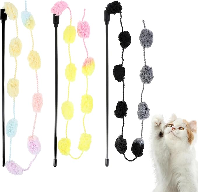 Cat Wand Toy, 3 Pieces Interactive Cat Rainbow Wand Toys for Indoor Cats and Kittens Colorful Cat Dance String Stick Toy Cat Feather Teaser Toy for Indoor Cats Kitten to Play Chase Exercise