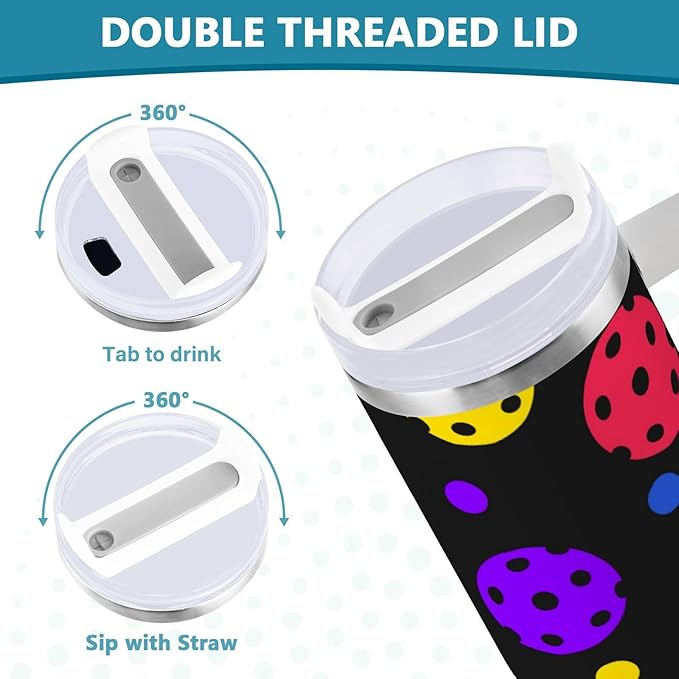 Boccsty Rainbow Pickleball Balls Insulated Tumblers Reusable Stainless Steel Tumbler 40 oz Cup Coffee Travel Mug Water Bottle with Handle & Flip Straw for Home Office Car