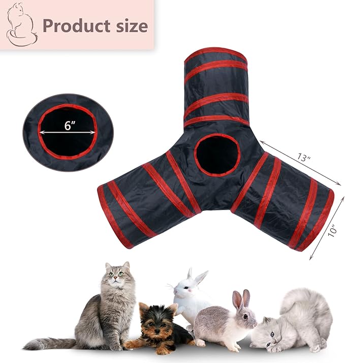 Cat Tunnel, Collapsible Tube with 1 Play Ball Kitty Toys, 3 Ways Cat Tunnels for Indoor Cats, Puppy, Kitty, Kitten, Rabbit (Black and Red)…