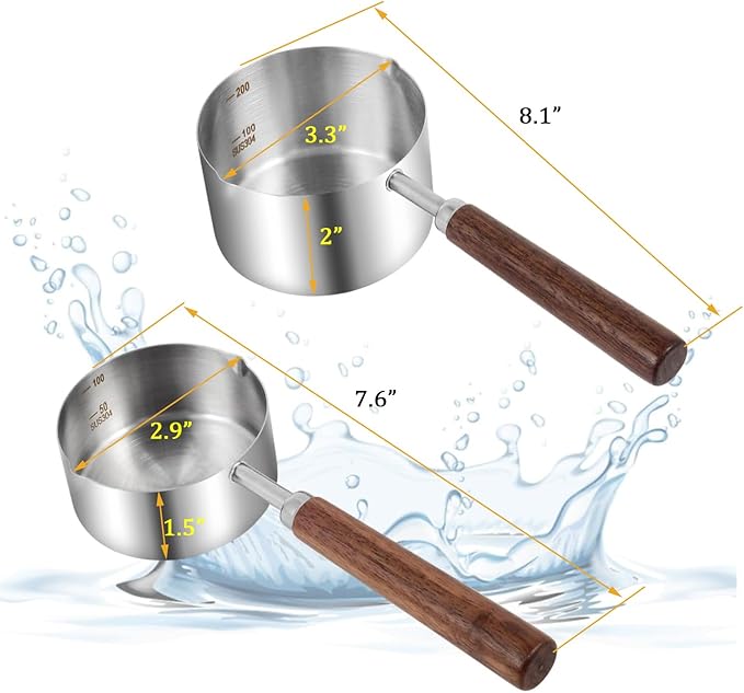 Kichwit Dog Food Scoop, 1 Cup and 1/2 Cup, 304 Stainless Steel Pet Food Scoop Measuring Cup with Wooden Handle, Set of 2