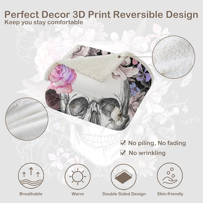 Sleepwish Fleece Throw Blanket Skull Rose Sherpa Blanket Gift for Women Girl Fuzzy Black Pink Flower Blanket for Couch Chair, Queen (90" X 90")