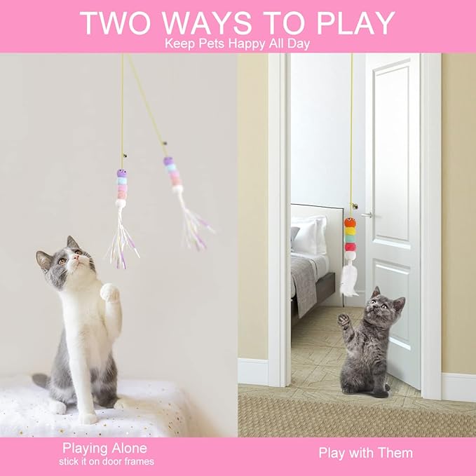 Cat Toys for Indoor Cats, Interactive Cat Toy Wand Kitten Toys to Play Chase Exercise Cat String Pet Puzzle Toy for Cats Kittens, 2pcs
