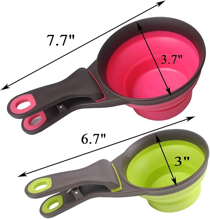 Collapsible Pet Scoop Silicone Measuring Cups Set Sealing Clip 3 in 1 Multi-Function Scoop Bowls Bag Clip Dog Snack Measuring Cup for Dog Cat Food Water Set of 2 (1 Cup & 1/2 Cup Capacity)