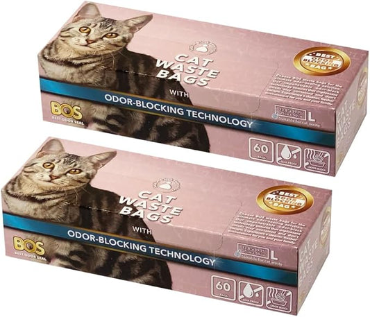 BOS Odor-Sealing Cat Poop Bags for Pet Waste & Kitty Litter - Disposal Bags - Scent & Smell Free[Size: L, Color: Light blue] (60 count, Pack of 2)★Brand-new packaging!! ★NOT a litter box liner