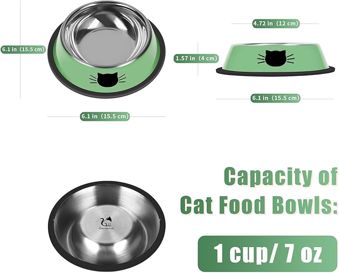 2 Pcs Non-Slip Stainless Steel Small Cat Food Bowls - Unbreakable, Thicken Cat Feeder 7 Oz Dishes with Removable Rubber Base, Easily Clean, Lovely Color
