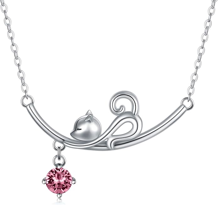 AOBOCO 925 Sterling Silver Lovely Cat Kitten Pendant Necklace with 12 Months Birthstone Crystal from Austria, Christmas Birthday Jewelry Gifts for Cat Lover