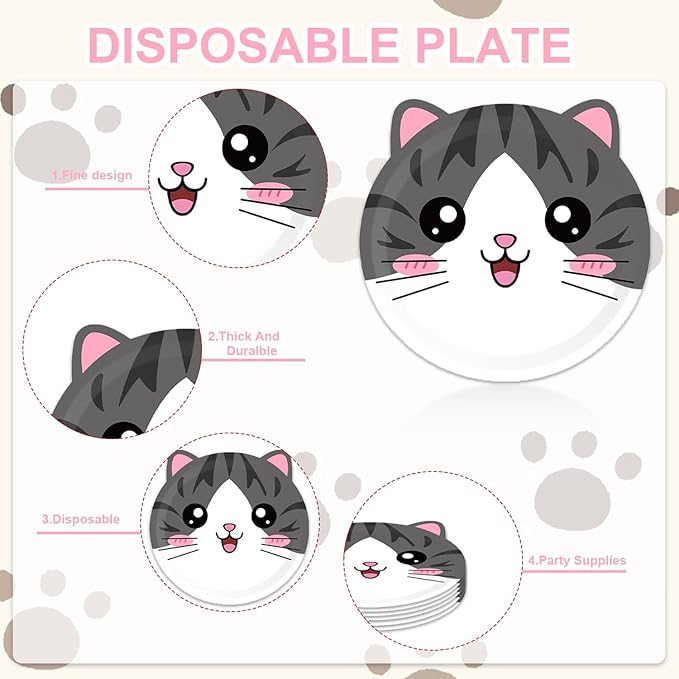 48Pcs Cat Birthday Party Decorations Meow Pawty Disposable Plates Napkins And Forks Serves 16 Pet Kitten Baby Shower Birthday Party Decorations