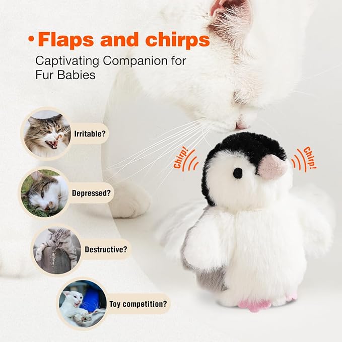 Interactive Cat Toy Rechargeable Automatic Chirping Penguin Flying Bird Cat Toy Infused with Catnip in The Wings, Auto Beating Wings Cat Toys for Indoor Cats to Play Alone, Never Boredom