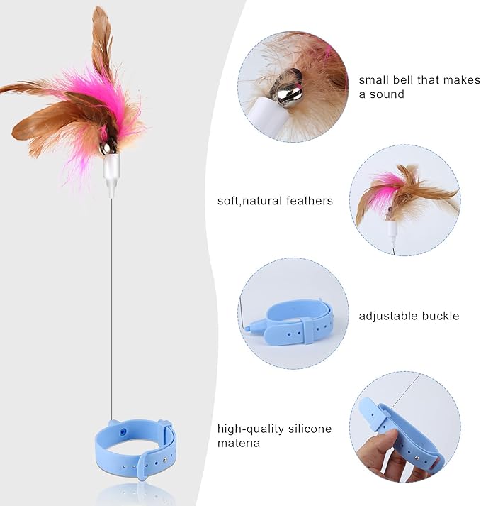 Cat Teaser Wand Toy, Cat Teasing Wand Collar Silicone Adjustable Cat Wand Toy Feather with Bell Cat Interactive Teaser Toys for Indoor Cat Kittens Playing Exercise (Blue)