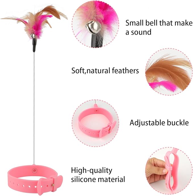 Cat Collar Toy, 3 Pcs Cat Feather Toy with Neck Collar, Interactive Self Playing Toys with Bell for Indoor Kittens Small Animals(Pink/Blue/Green)