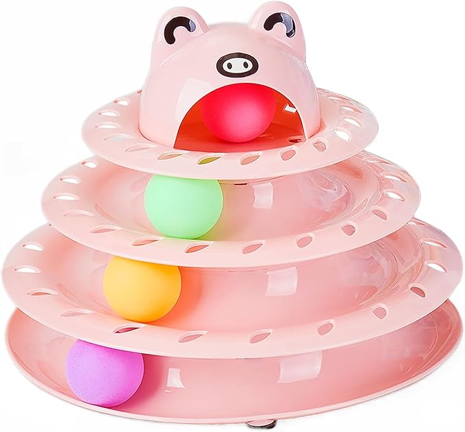 Cat Toys, 4-Level Turntable Ball Track Interactive Cat Toy for Indoor Cats, Self Play Fun Roller with Colorful Rotating Ball Puzzle Exercise Kitten Toys (Pink)