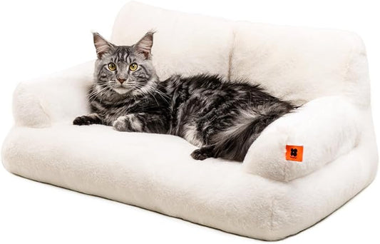 MEWOOFUN Cat Couch Bed for Indoor Cats, Washable Small Dog Beds for Medium Small Dogs & Cats up to 25 lbs, Fluffy Pet Beds with Non-Slip Bottom, 26×19×13 Inch (Beige)