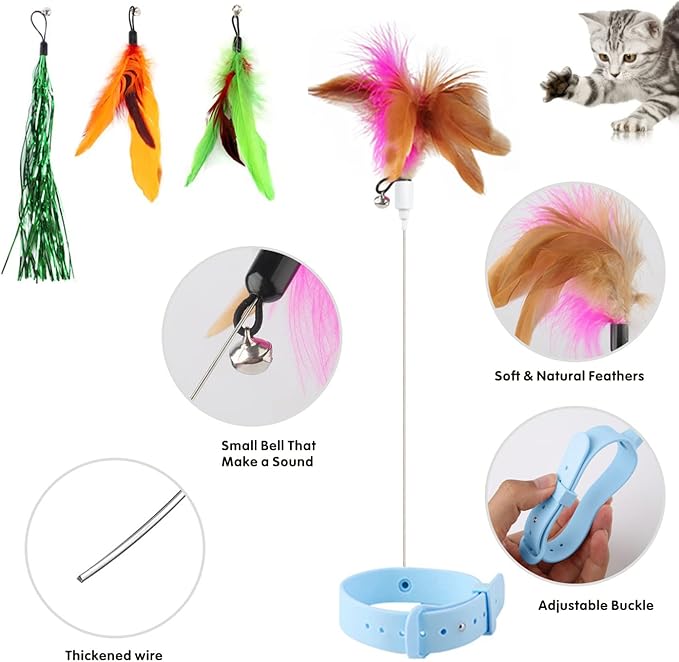 Cat Feather Collar Toy, Interactive Cat Toys for Indoor Cats Self Play Funny Teaser Wand Neck 3-in-1 Cat Collar Toy Feathers with Bell & 3 Refills Hands Free for Cats Play Blue