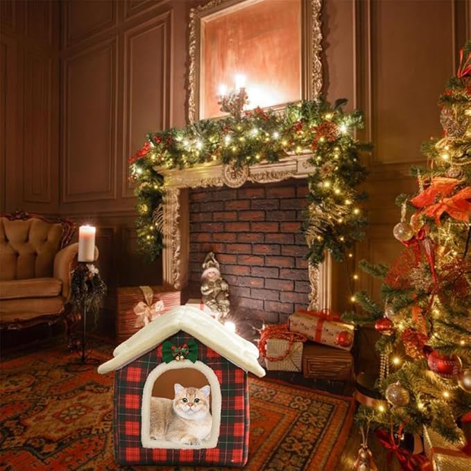 Christmas Cat Bed for Indoor Cats Plaid Christmas Cat Tent Cat Bed Cave for Pets Cats and Dogs (Pink-S(15.7 X 12.6 X 13.8 Inch))