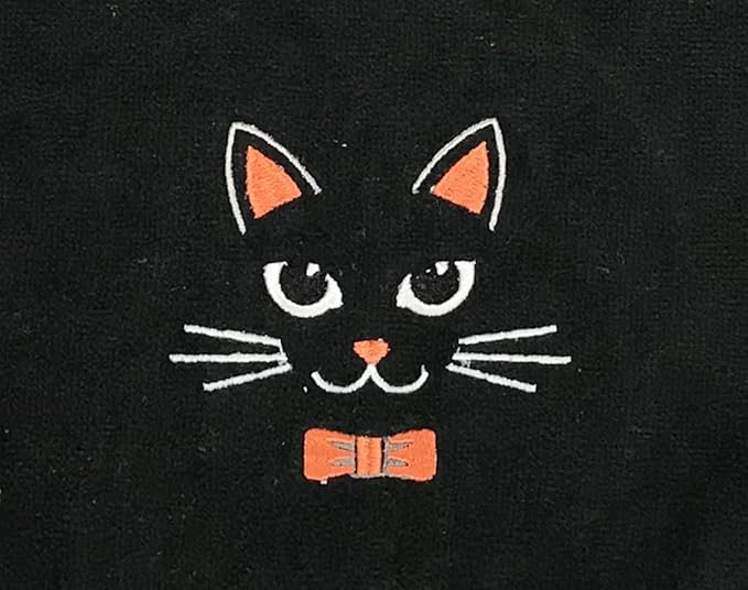Halloween Bathroom Hand Towels – 16” x 25” Black Cotton Embroidered Cat Design- Spooky Gothic Bath Kitchen Décor, Set of 2