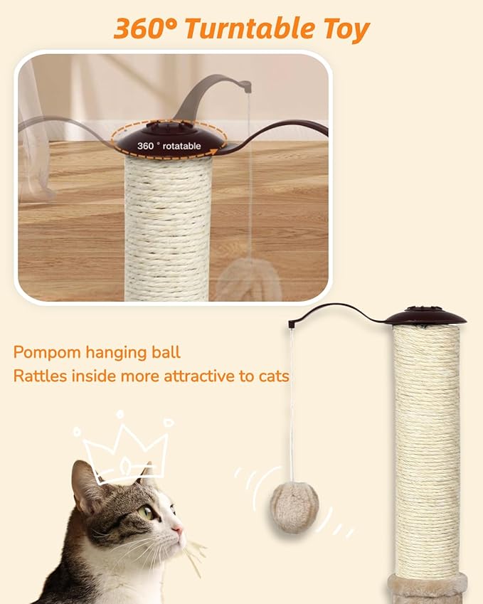 Happi N Pets 22" Cat Scratching Posts for Indoor Cats, Carpet Cat Scratch Post, Sisal Cat Scratcher, Cat Post with Rotatable Hanging Balls & Stable Base, Cat Scratchers for Kittens-Beige