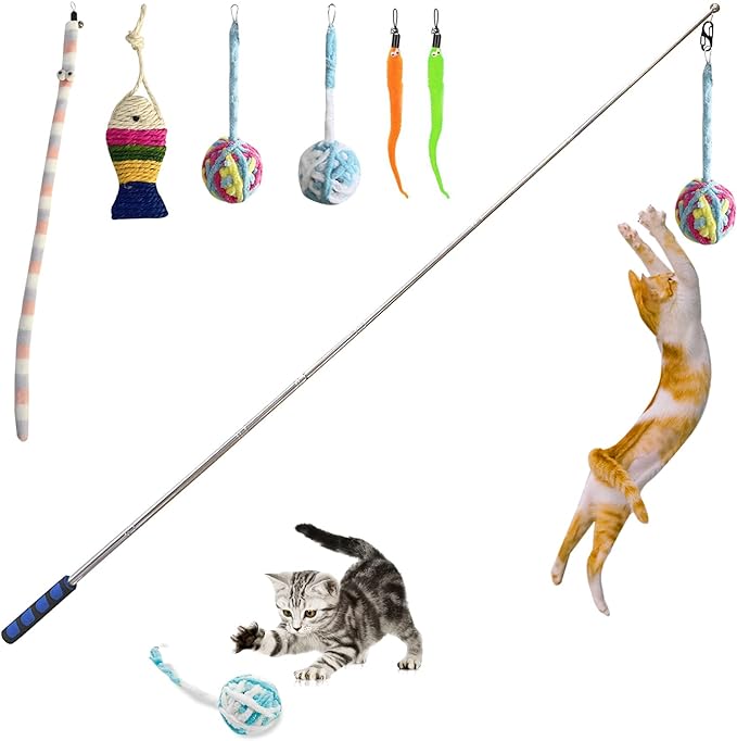 Retractable Cat Toys Wand, 7 Pack Super Long 55.1" Retractable Cat Wand Toy Ball of yarn Rainbow Cat String Toy with Feather Teasers, Interactive Cat Toys for Indoors,Funny Exercise for Kitten or Cats