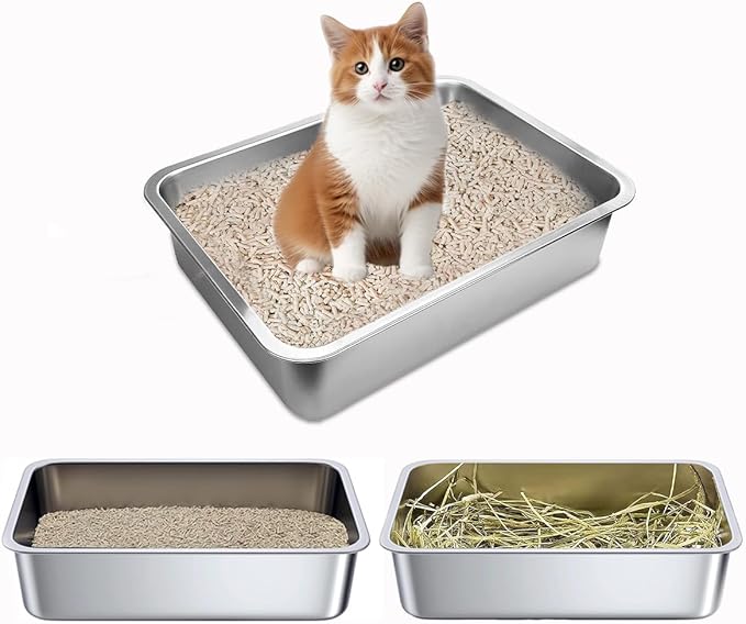 2Pcs Stainless Steel Litter Box For Cats, Metal Cat Litter Box, Stainless Steel Open Cat Litter Pan, Never Absorb Odor Stains,rustproof, Easy Cleaning Litter Pan For Cat, Dog & Rabbit long-lasting Pan