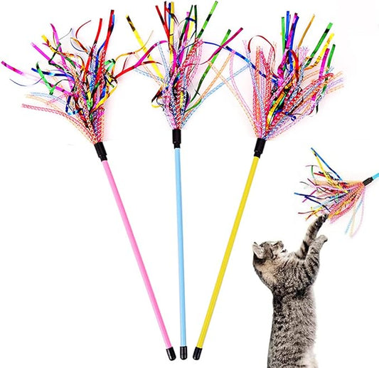 IUHKBH Cat Wand Toys, 3 PCS Interactive Cat Feather Wands Cat Teaser Toys with with Sound Paper Tassels and Soft Line Tube for Cat and Kitten