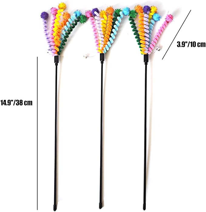 IUHKBH Cat Wands, 3 PCS Cute Cat Teaser Toy with Colorful Spring and Soft Ball Interactive Cat Toys with Bell for Cat and Kitten