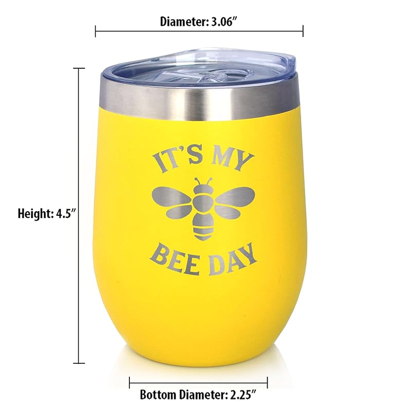 Bee Day - Funny Birthday Wine Tumbler Glass with Sliding Lid - Stainless Steel Insulated Mug - Bumblebee Bday Party Décor - Yellow