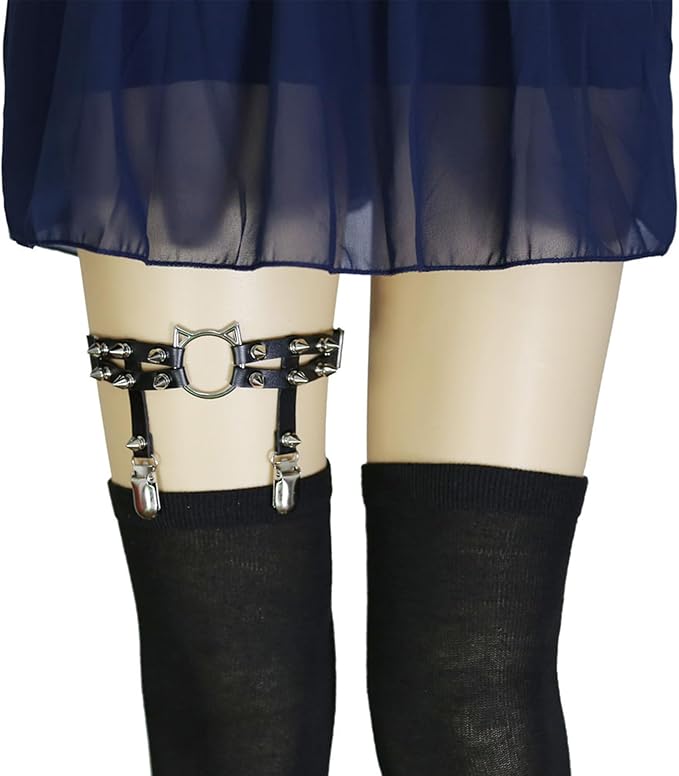 2pcs Cat Leg Garter with Clips, Elastic Adjustable Thigh Garters Belt for Women, Black/White