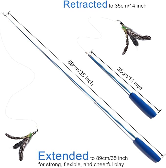 Cat Toys, Feather Wand for Indoor Kitten, 2 Pcs Wild Refill on Retractable Fishing Pole, Interactive Stick Teaser to Exercise - Blue