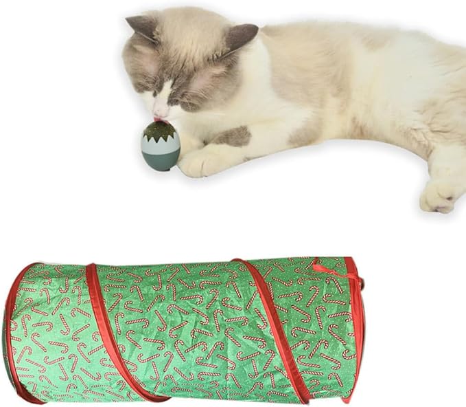 Christmas Cat Tunnel Collapsible Kitty Tunnel Candy Cane Pattern Pet Indoor Toys for Cat Kitten Rabbit