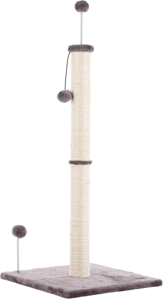 CTR1010A Rylie 38" Farmhouse Sisal Pillar Cat Scratching Post with Fuzzy Toys and Spring Balls, Gray/Cream
