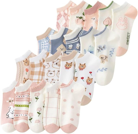 5/10 Pairs Combed Cotton Socks for Women with Cute Animals/Flowers Patterned Ankle Socks