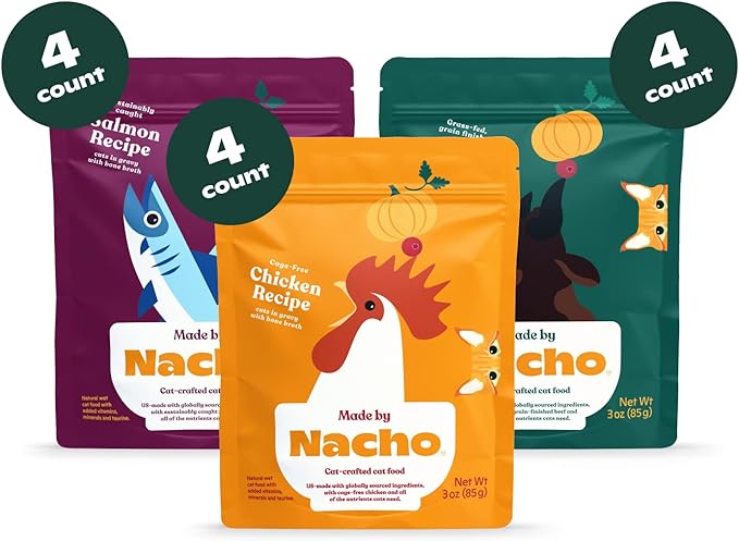 Made by Nacho Wet Cat Food Variety 12 Pack (3oz Each), Cage-Free Chicken, Sustainably Caught Salmon, Grass-Fed Beef with Bone Broth for Extra Hydration, Gravy Cut Pouches