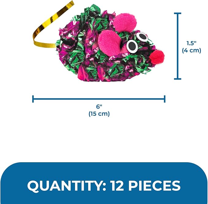 SunGrow 12 Pack Cat Crinkle Mice, 6x1.5 Inch Mice for Indoors, Keep Your Feline Energetic & Excited with Vibrant Colors, Lightweight Design for Long-Lasting Fun, Perfect for Playtime
